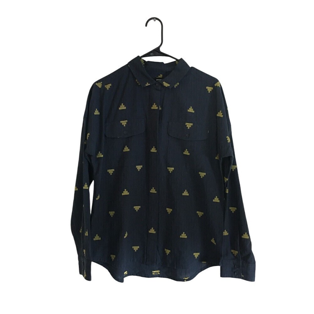 Prana Top Women's Size Small Navy Blue Geometric Long Sleeve Cotton Blend
